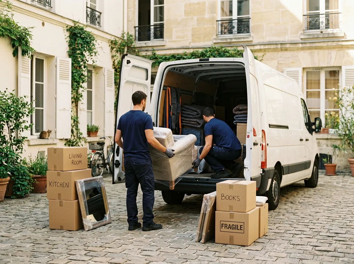 Camion banalisé en cours de chargement, équipe en t-shirts neutres, cartons et meubles organisés par catégorie sur le trottoir